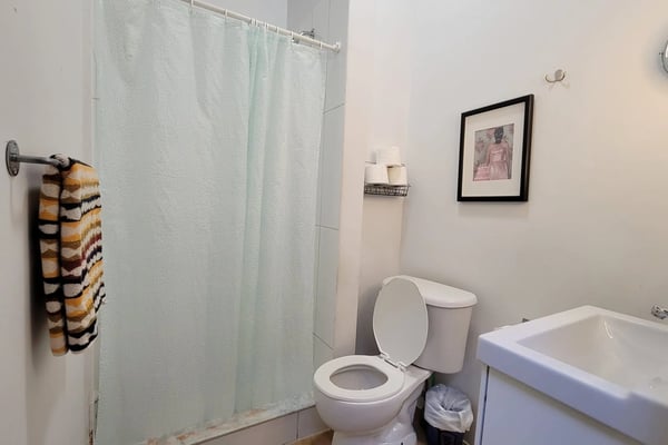 Bathroom with white sink, toilet, shower with light blue curtain, striped towel, and framed wall art